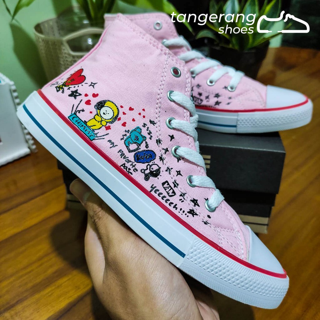 SEPATU MOTIF BTS BT21 PINK ANAK CEWEK BOOT PEREMPUAN UMUR 1 2 3 4 5 6 7 8 TAHUN CONVERS