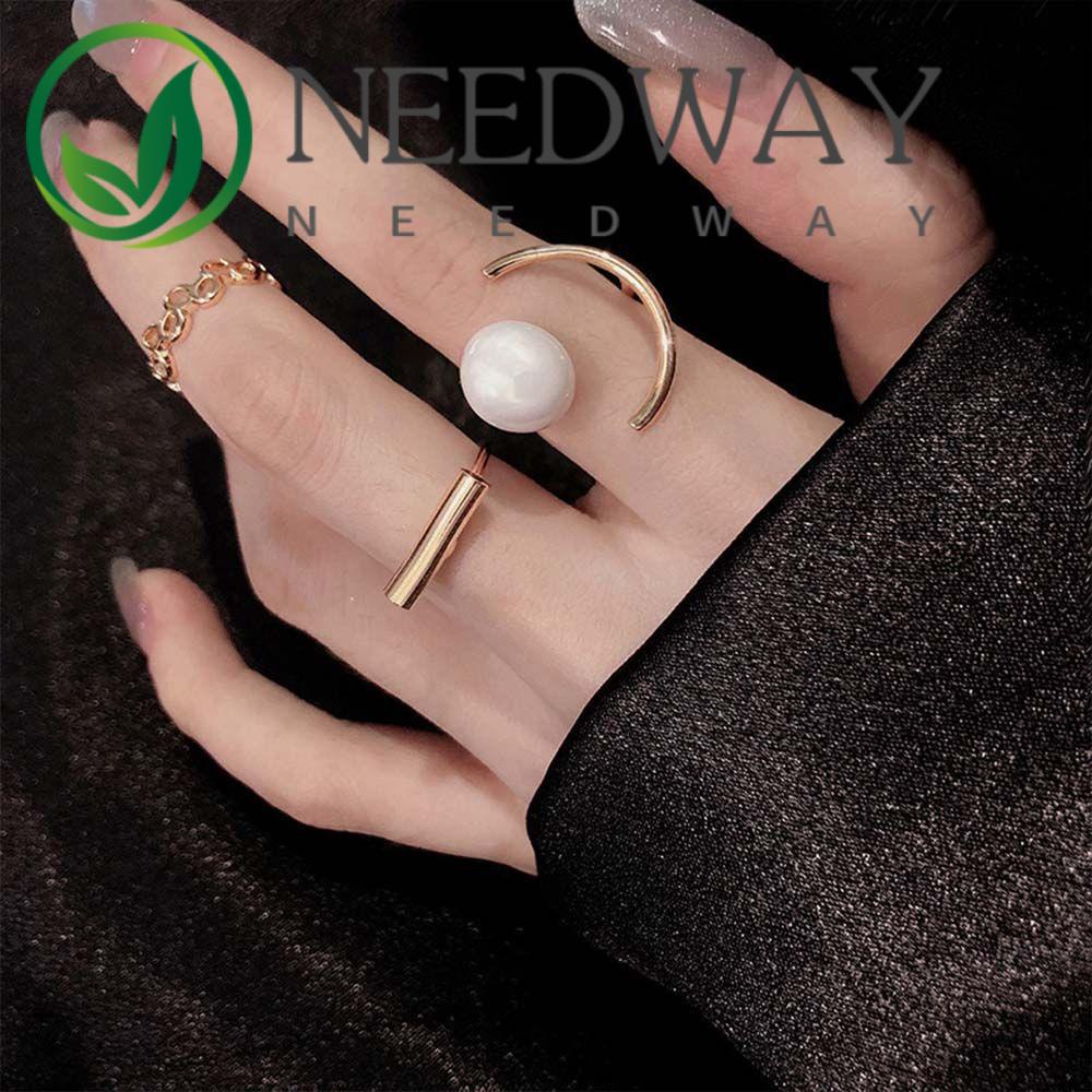 3pcs / set Cincin Jari Bahan Alloy Aksen Mutiara Gaya Korea Untuk Wanita