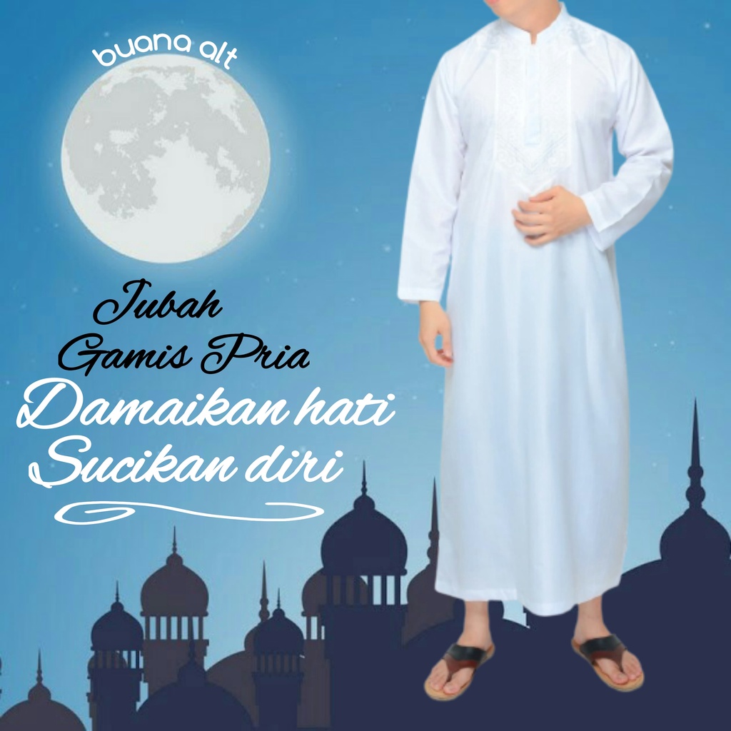 Gamis Jubah Pria Baju Gamis Pria Dewasa Lengan Panjang Putih Bordir