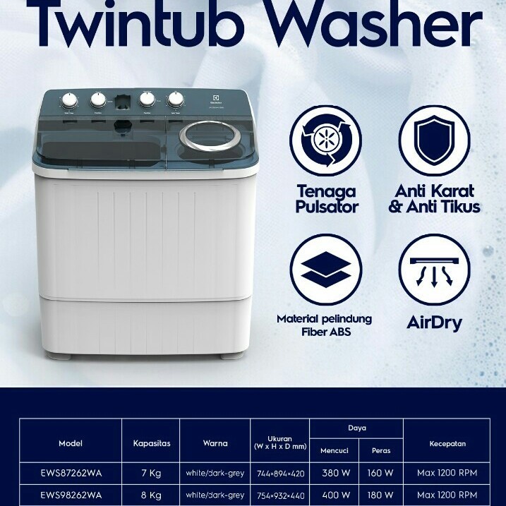 MESIN CUCI ELECTROLUX EWS 87262 WA 2 TABUNG 7KG EWS87262 EWS87262WA