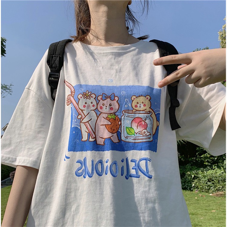 KBS-92 kaos oversize cute cartoon bear print t-shirt import korea jepang