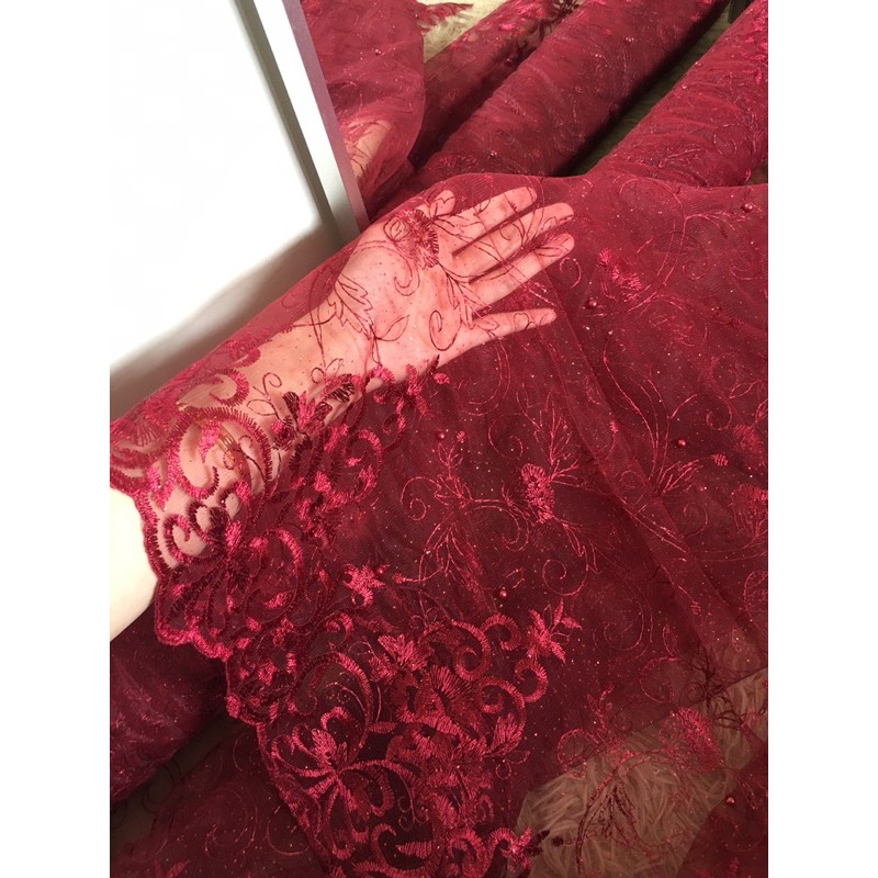 Brokat Tile Mutiara Versace Bordir dua sisi warna merah maroon