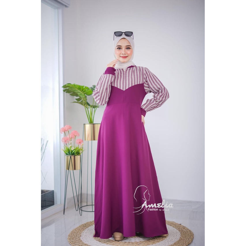 Gamis SALMA LAURA BY AMELIA dress mix brokat model terbaru dan itycrepe salur motif dress syari muslim lucu girly Korean desaign