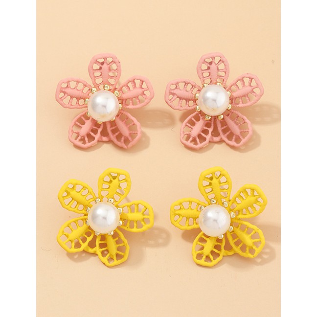 LRC Anting Tusuk Fashion Yellow Flower Pearl Dropping Hollow Alloy Earrings K27038