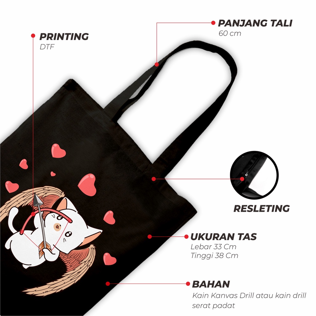 Sevine Totebag Tas Wanita Tote Bag Resleting Cute Cat Black Series Hitam - CSL7