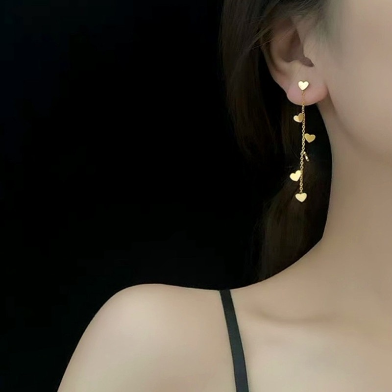 Anting Titanium hati Korea Panjang Lapis Emas 18K Aksesoris Wanita earrings Rumbai Perhiasan