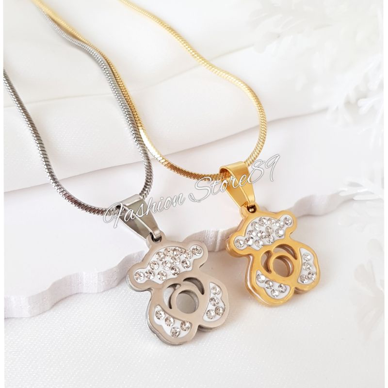 ready kalung Bear Fashion Dewasa dan Anak Impor titanium gold &amp; white Antikarat Selamanya Kalung Tedy Bear Titanium Impor Permata Kalung Anak Dewasa LTNx