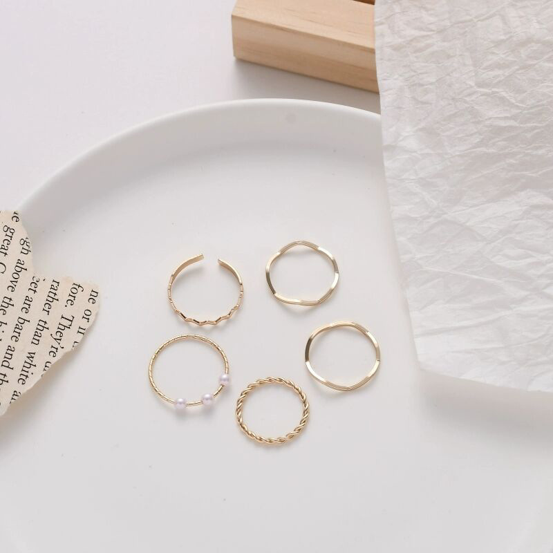 5pcs / Set Cincin Multilayer Hias Mutiara Gaya Korea Untuk Wanita