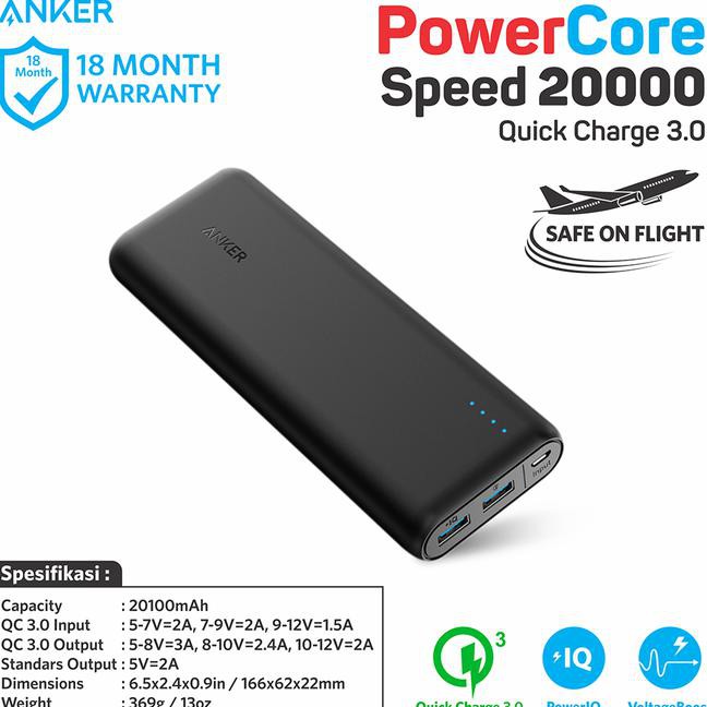 Anker PowerCore Speed Powerbank 20000 Quick Charge 3.0 A1278H11 termurah !