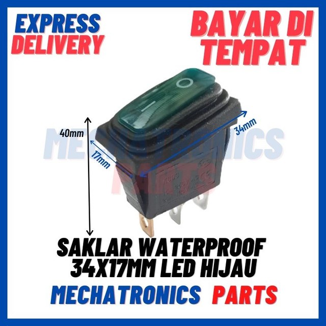 [SWI-9084] SAKLAR WATERPROOF 34X17MM LED ANTI AIR DEBU MINYAK KARET SILICONE HIJAU