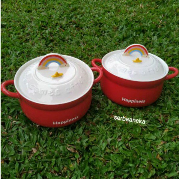 Mangkok Cantik Motif Pelangi Keramik Dengan Gagang Dan Tutup