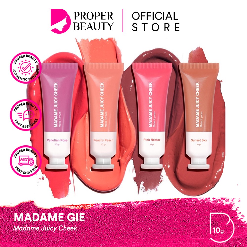 MADAME GIE Madame Juicy Cheek Indonesia / Blush On Primer BB Foundation Loose Powder Lipstick Eyeshadow Eyeliner Eyebrow Mascara Lipstick Lip Matte Gloss Balm Kutek / Facial Wash Toner Essence Serum Sunscreen Moisturizer Cream Mask Masker / Lipill Paket