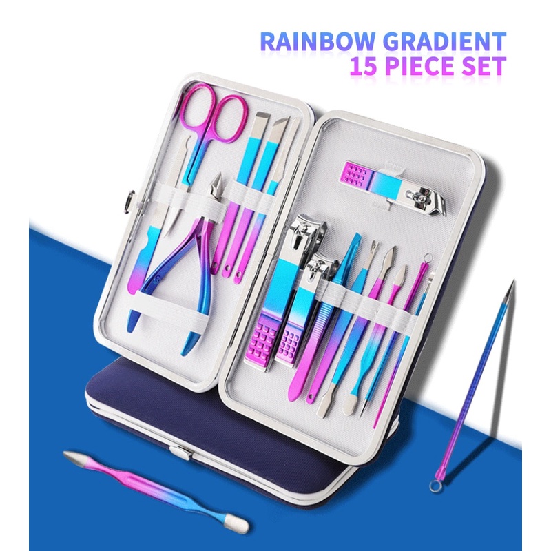 NelBeauty Gunting Kuku set PROFESIONAL SALON 15pcs  Nail Art Set presisi tinggi 555 777 Nail Clippers Sets High Precision Stainless Steel Nail Cutter Pedicure Kit Nail File Sharp Nail Scissors and Clipper hook Pliers Stainless Steel Manicure 15pcs Nail