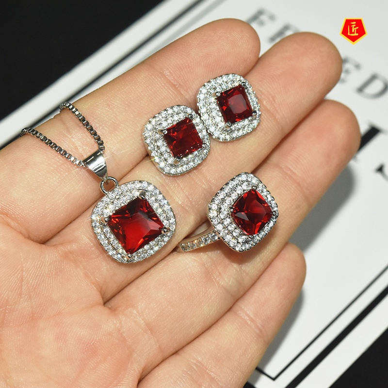 [Ready Stock]Elegant Square Moissanite Ring Ear Stud Necklace