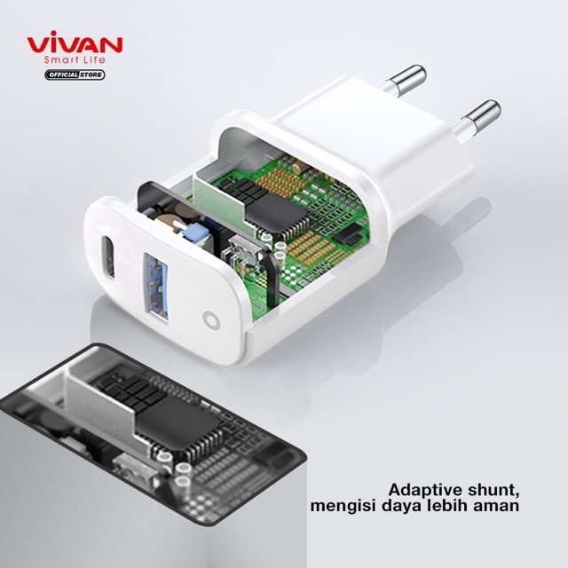 ORIGINAL BATOK Charger VIVAN Dual Port USB (QC3.0) &amp; Type-C (PD) Fast Charging 3A 18W Garansi 1 Tahun Power Super II POWERSUPER 2