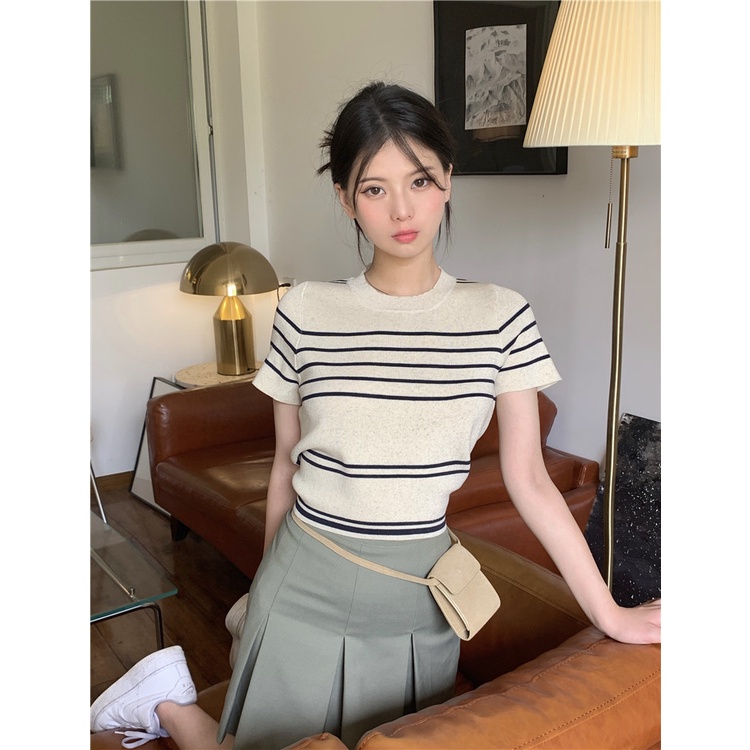 korean style Crop Top T-shirt Knit baju atasan wanita/Lengan Pendek Bergaris Sweater Wanita