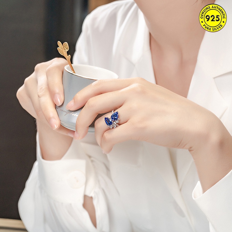 Cincin Berlian Sapphire Biru Ganda Bentuk Pir Model Terbuka Untuk Wanita