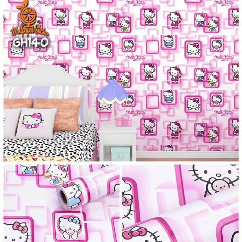 Wallpaper Sticker Dinding Motif Hello Kitty Kotak 3D Pink Ukuran Panjang 10M x Lebar 45Cm