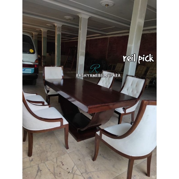 SET MEJA MAKAN Cat motif marmer.MEJA MAKAN JATI JEPARA