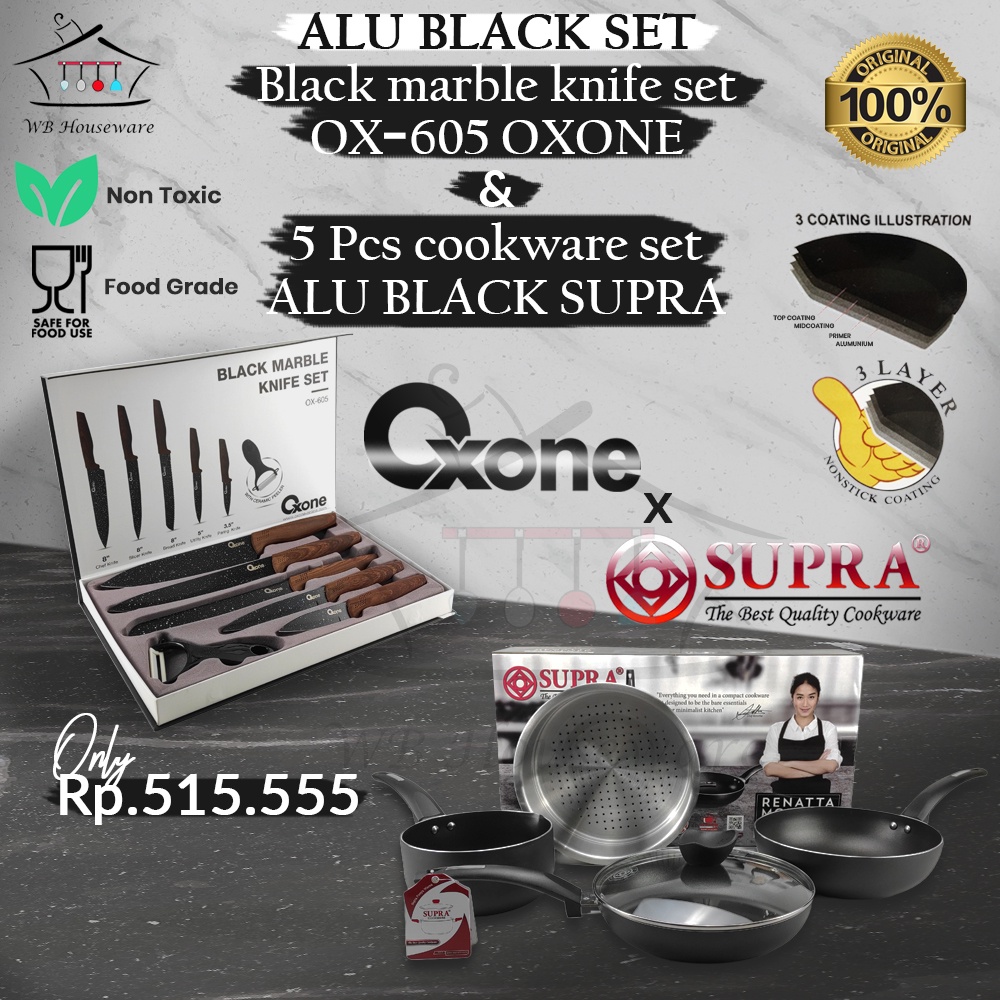 panci set supra 5pcs alu black + pisau set oxone OX-605 / cookware set knife black series