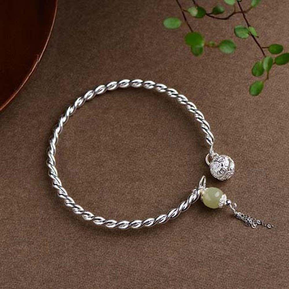 Mxbeauty Gelang Wanita Kreatif Elegan Cewek Bola Giok Minimalis Terbuka Manset Rumbai Warna Silver Gaya Korea