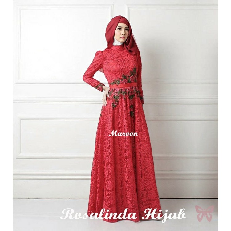 MAXI ROSALINDA/Gamis Syari Wanita Muslim/ Long Dress Wanita Brukat Lapis Bordir Murah