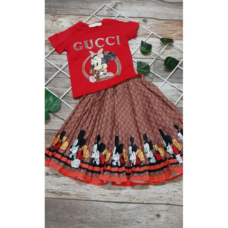 Setelan rok anak gucci mickey import premium rok plisket