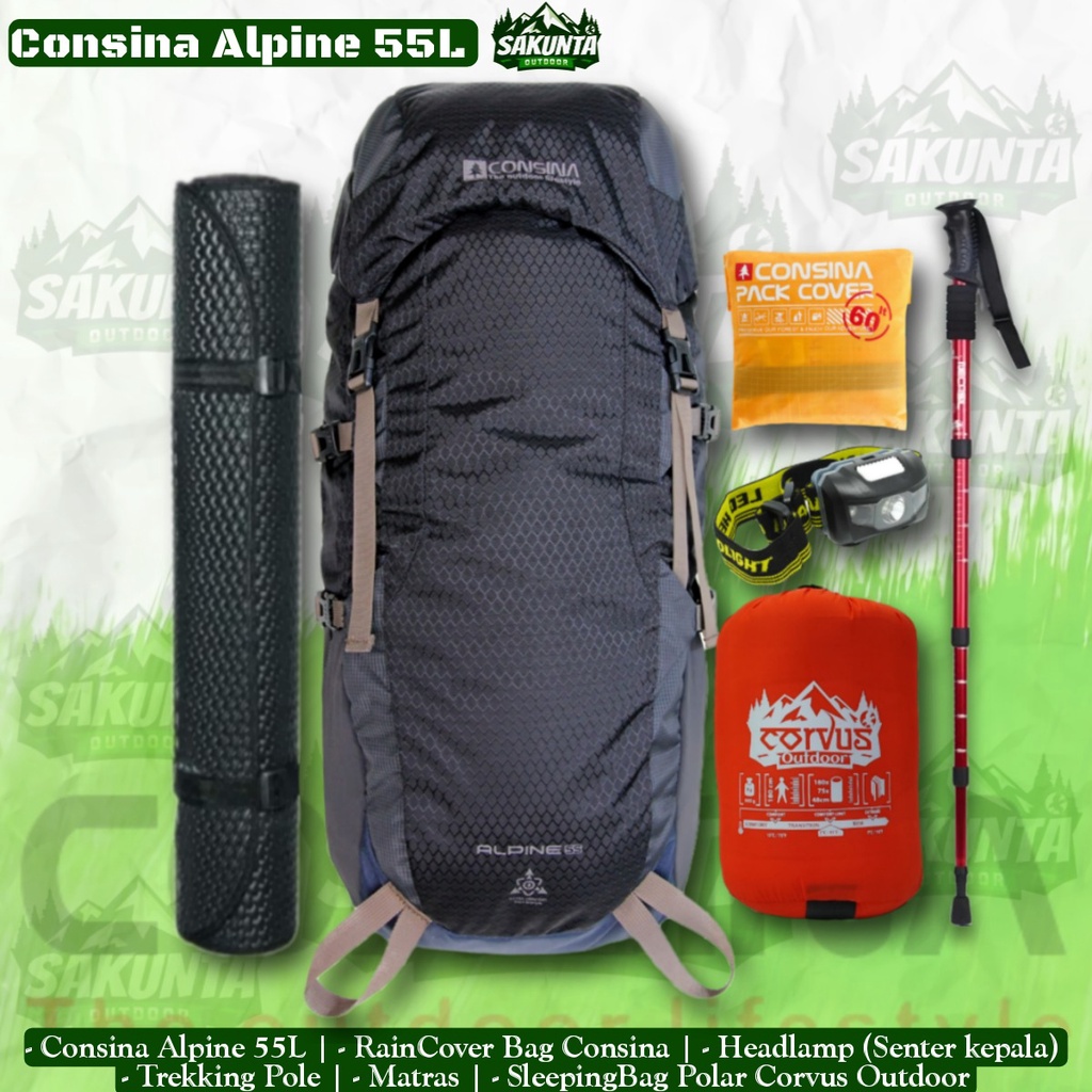paket hemat alat pendakian gunung carrier consina alpine 55l paket hemat alat pendaki gunung paket l