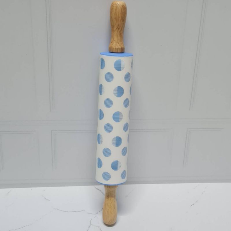 silicone rolling pin motif wooden handle / alat gilas adonan gagang kayu