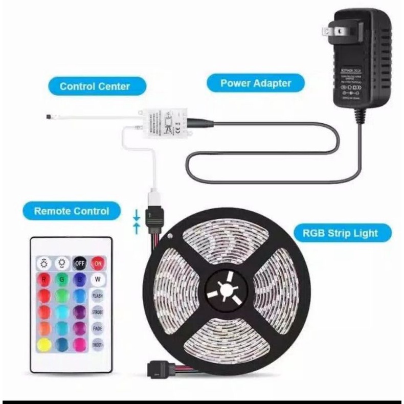 LAMPU LED STRIP RGB Warna Warni IP44 3528 Kompliy Set Adaptor Remote