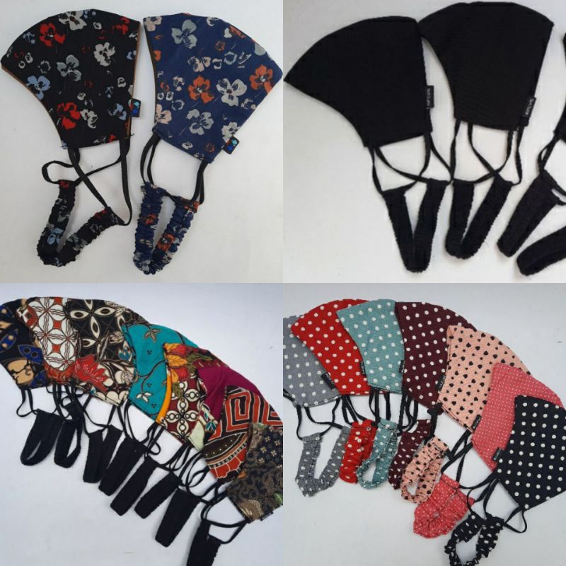 Masker kain motif tali hijab kerut,karet serut,headloop,bolak balik,