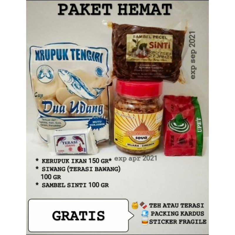 

PAKET HEMAT Kerupuk ikan tengiri siwang terasi bawang sambel pecel sinti