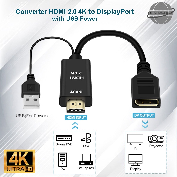 HDMI 2.0 4K Male to DP Display Port Female with USB Power - HDMI to DP