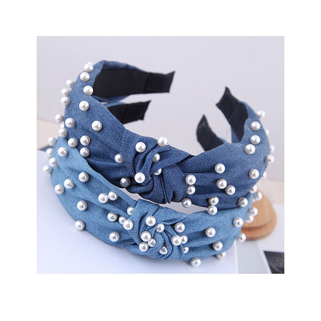 LRC Bando Fashion Navy Blue Nail Pearl Denim Fabric Knotted Headband A59302