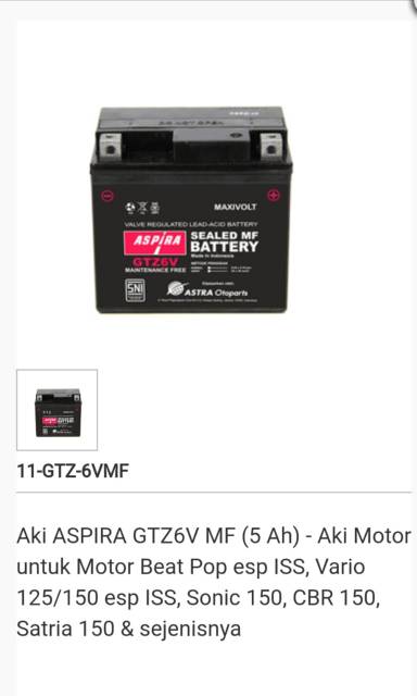 Aki Aspira GTZ-5S MF 12V. 3,5 Ah for beat/Vario/Scoopy/M3/Jupiter MX/Xeon/spacy/Vixion/Verza/Mio Z