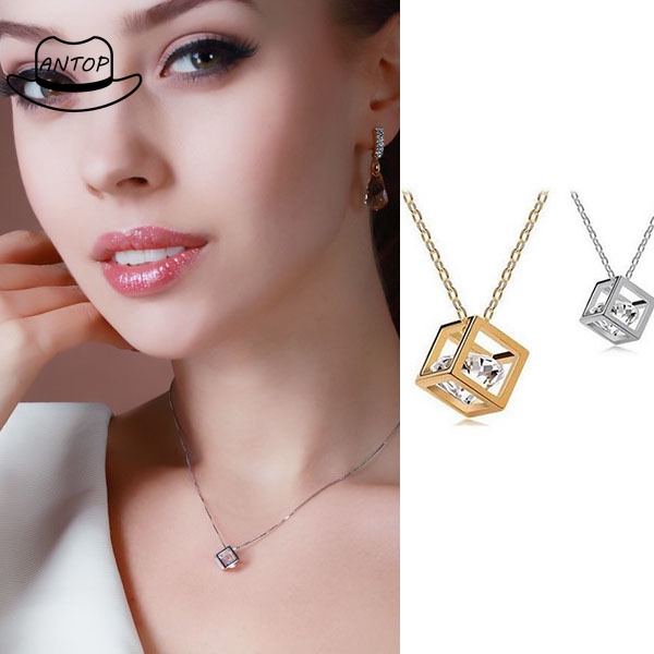 Antop！Kalung Alloy Anti Karat Crystal Rantai dengan Liontin Batu Zircon Bentuk Kotak untuk Wanita