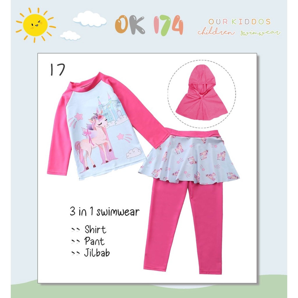 Baju Renang Stelan Anak Perempuan Muslim Hijab Unicorn Biru Fushia