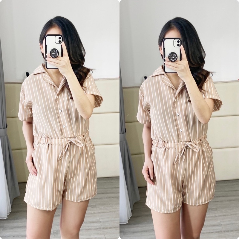 real pic jumpsuit pendek wanita / jumpsuit salur ( K1269 )