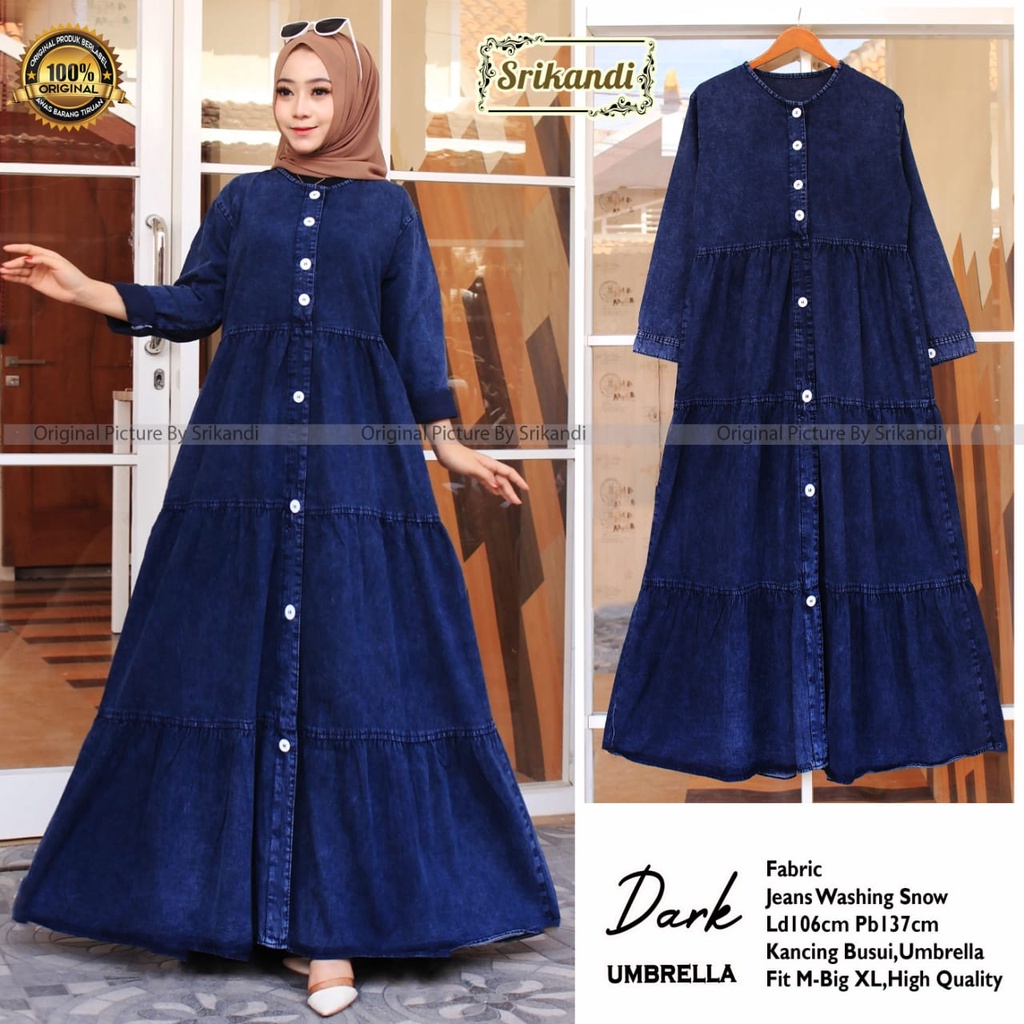TUNIK JEANS WANITA DRES PANJANG JEANS UMBRELLA CASUAL BAHAN JEANS WASHING SNOW LD 105CM PJ 137CM HQ