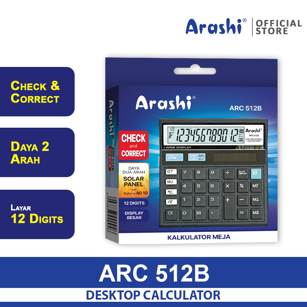 

Arashi ARC 512B Kalkulator Calculator Check & Correct AG10 12 Digit