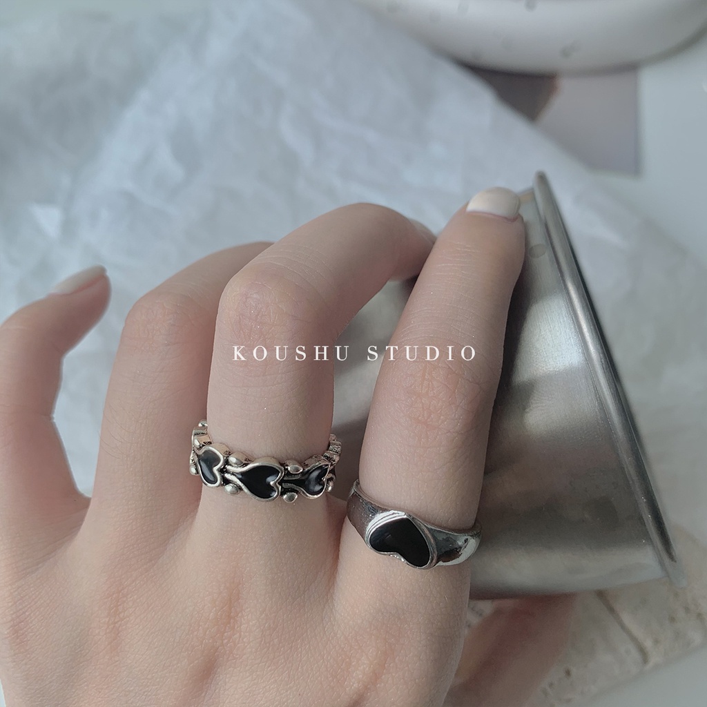 Cincin Bentuk Hati Warna Hitam Gaya Retro Harajuku Korea