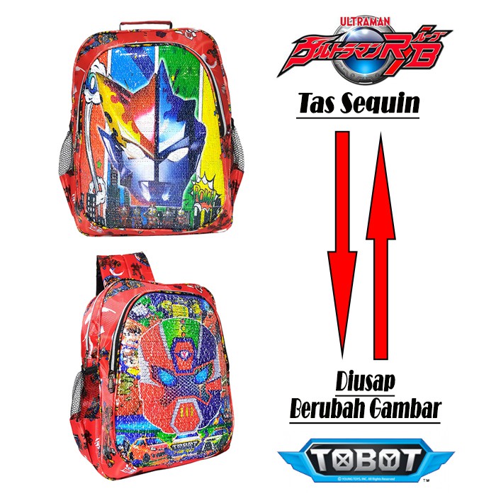 TAS RANSEL SEQUIN / USAP 2 GAMBAR KARAKTER ULTRAMAN - TOBOT ANAK SEKOLAH TK / SD