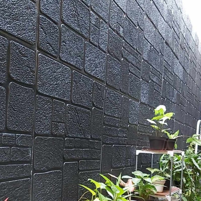 wallpaper foam premium 3D permukaan timbul motif batu alam susun klasik hitam