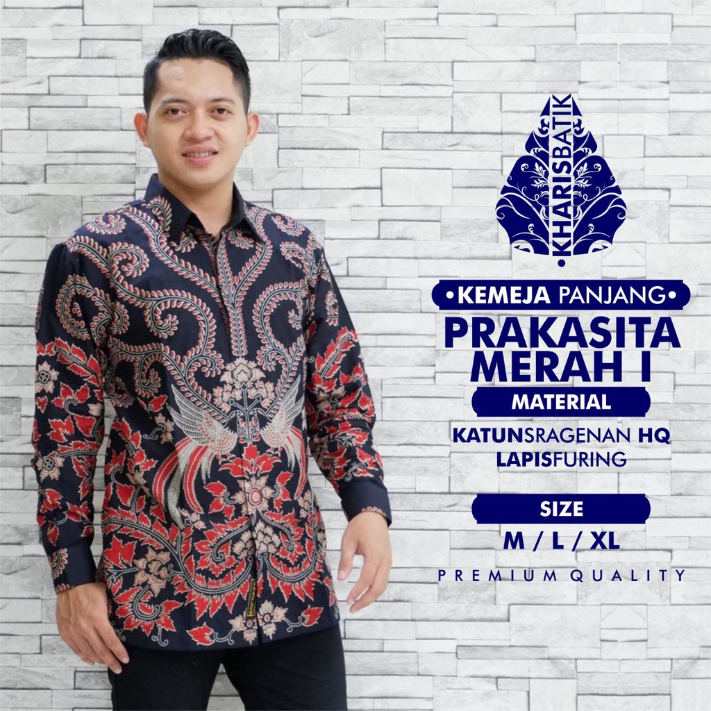 PRAKASITA MERAH Kemeja Batik Pria Lengan Panjang | Hem Batik Pria FULL FURING KHARIS