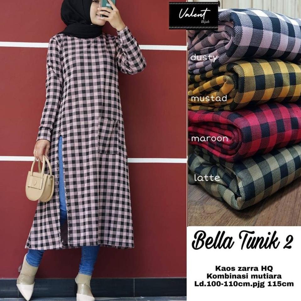 Harga murah Tunik Kaos Import Kotak Kotak Premium Bella #2 by Valent Hijab Fashion Original Solo £➨