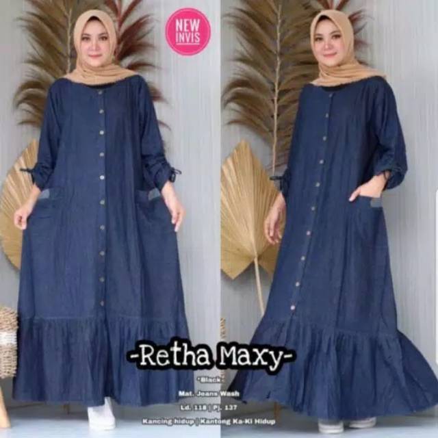 Gamis Denim Model Serut jumbo LD 124 warna biru gelap