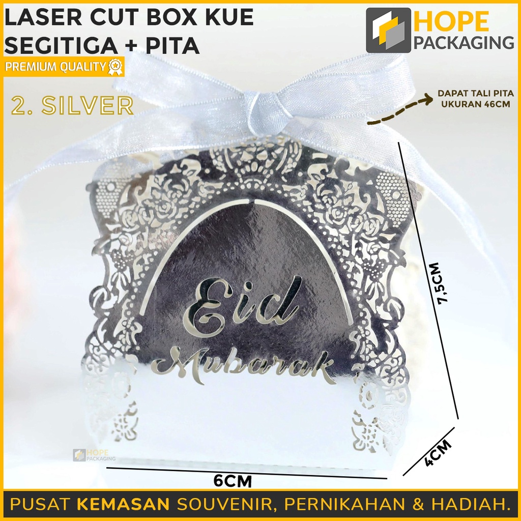 Lasercut Box Kue Segitiga Plus  Pita Gift Box Candy Eid Mubarak Lebaran  Ukuran 6x4x7.5cm