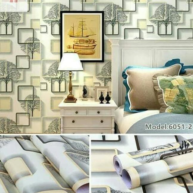 HITZ 2021 Wallpaper Stiker Dinding Murah Dekorasi Rumah Kamar Tidur Ruang Tamu Putih 3D POHON KOTAK