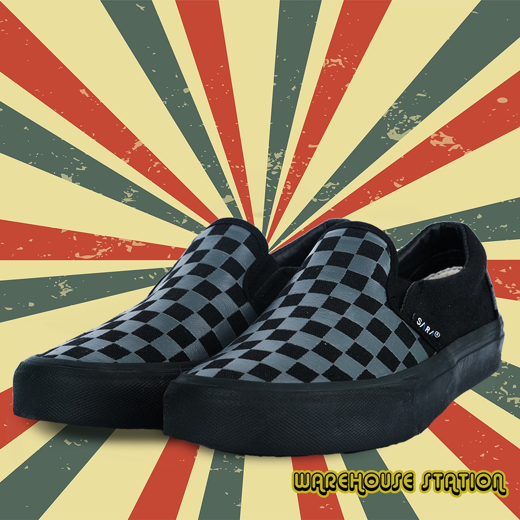 SABA Checkerboard Slip On All Black  - Sepatu Sneakers Casual Pria Wanita