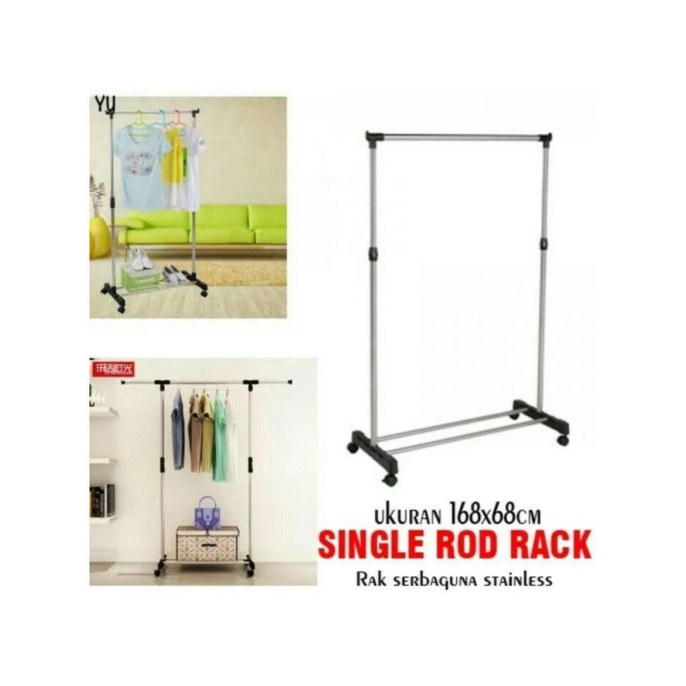 Rak Gantungan Baju Single Rod Rack Stainless + Roda